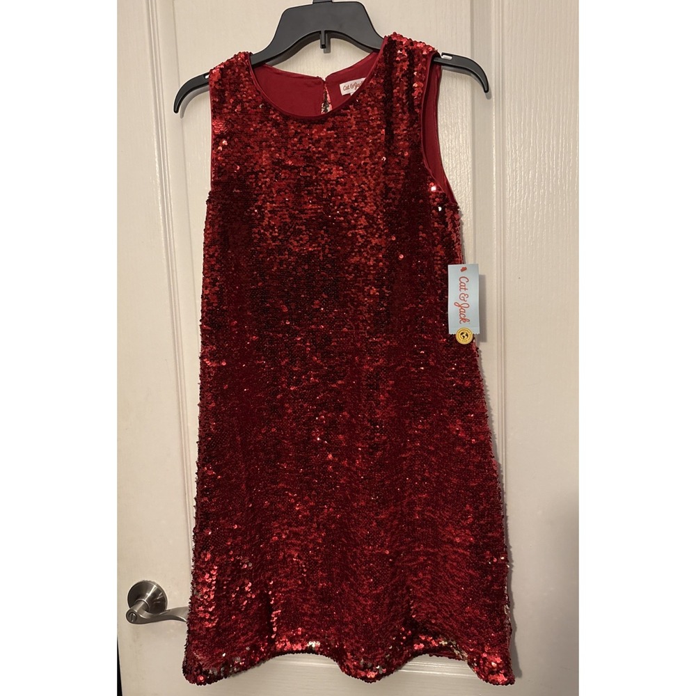 NEW Cat & Jack Christmas Dress Red Silver Sequins Snowflakes Size XL 14/16 NWT